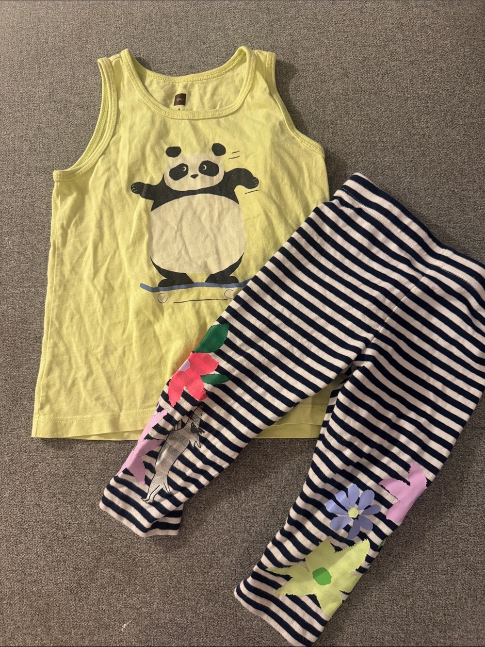 5/$15- Yellow Panda Tank Top & Striped Floral Leggings Set